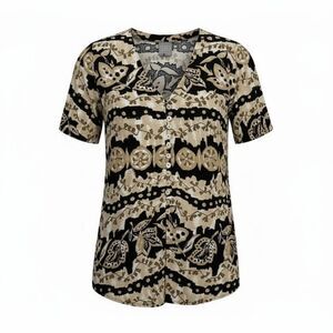 Rabbit Rabbit Rabbit Tropical Print Blouse Shell Buttons Black Tan Size 12